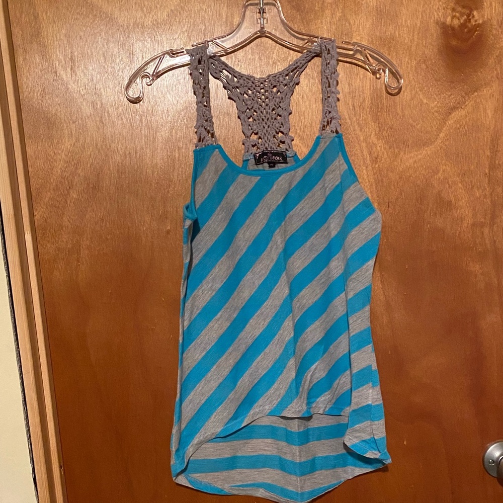Blue and gray diagonal striped tank